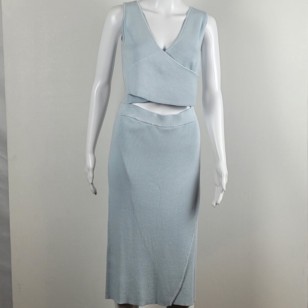 JustFab Ribbed Knit Skirt Set Womens Light Blue Excellent Wrap Crop Top - Large